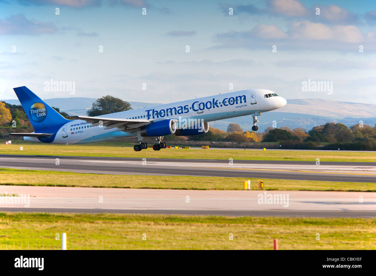 Thomas Cook at Manchester airport going for it`s destination and is a Boeing 757-200 Stock Photo